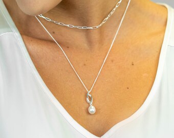 Freshwater Pearl Necklace - Sterling Silver White Pearl Flame Pendant Necklace (18")-Bridesmaid Necklace