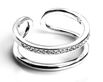 Sterling Silver CZ Double Band Ring, Stacking Ring, Minimalist, Cubic Zirconia Ring, Two Ring, Cage Ring, Women's Statement Ring