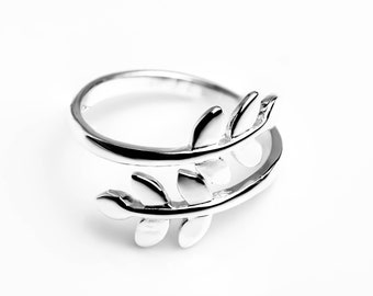 Sterling Silver Branch and Leaves Rings, Leaf Ring, Minimalist Silver Ring, Tiny Leaves Ring, Vine Ring, Twig Ring, Dainty Ring