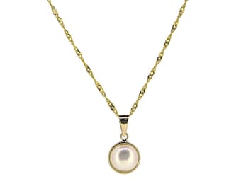 14K Yellow Gold White Pearl Bezel Pendant Necklace, Bridal Jewelry, Gift for Her, Graduation Gift, Mother's Day Gift, Gold Pearl Necklace