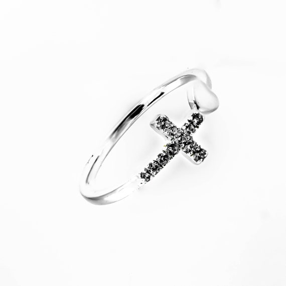 Sterling Silver CZ Stone Cross and Heart Ring, Cubic