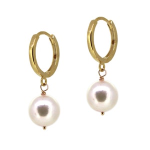 Solid 14K Gold Hoop with 8-9mm Pearl Earrings, Solid Gold Freshwater Pearl Hoop Earrings-Dangle Pearl Earrings, Anniversary Gift