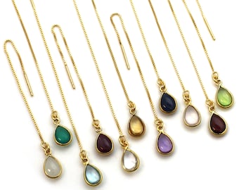 Gold over Sterling Silver Genuine Birthstone Earrings, Gold Threader Earrings,Natural Gemstone Bezel Earrings