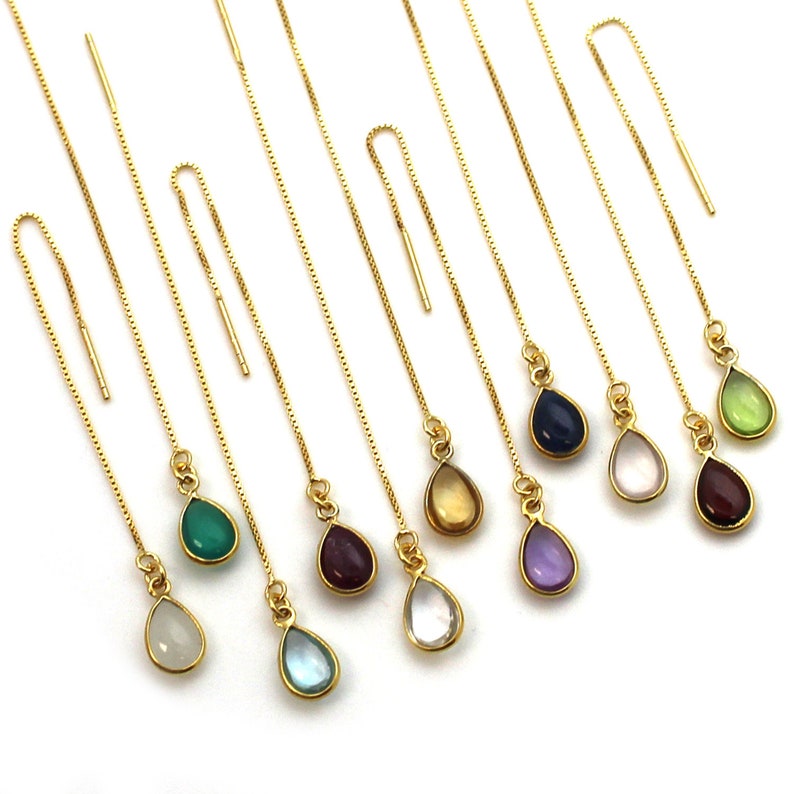 Gold Threader Earrings,Natural Gemstone Bezel Earrings Gold over Sterling Silver Genuine Birthstone Earrings