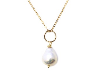 Pearl Necklace-Gold Plated Sterling Silver White Teardrop Freshwater Pearl Twisted Ring Necklace - 16"-Gift for Her-June Birthstone