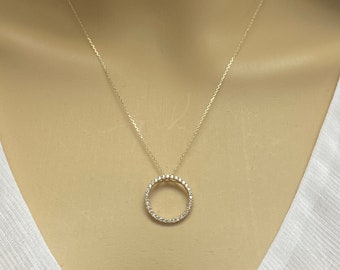 14K solid yellow gold floating circle pendant necklace- gift idea