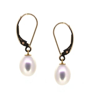 Solid 14K Gold Pearl Earrings, Solid Gold Freshwater Pearl Teardop Earrings-Dangle Pearl Earrings, Anniversary Gift