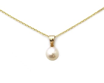 14K Yellow Gold Fresh Water White Pearl Pendant Necklace - 6.5-7mm Round Pearl Pendant Grade AAA