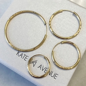 14K Solid Gelb Gold Texturierte Endlose Creolen-2 mm Dicke (20 mm, 25 mm, 30 mm und 40 mm)-KA3107