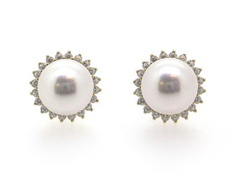 14Kt Yellow Gold Sunburst White Pearl Earrings-8.6mm, Bridal Jewelry, Gift for Her, Graduation Gift, Mother's Day Gift, Akoya Pearl Earrings