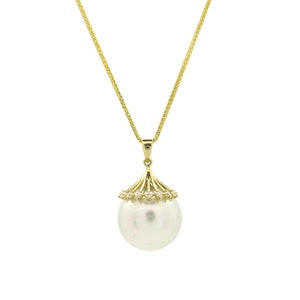 South Sea Pearl Necklace, 14K Solid Gold with 15-15.5mm White South Sea Pearl Pendant -Collectible Size, Anniversary Gift for Wife