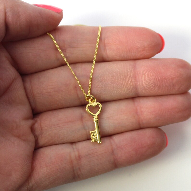 Gold Key Charm Necklace Gold Over Sterling Silver Heart Key Etsy
