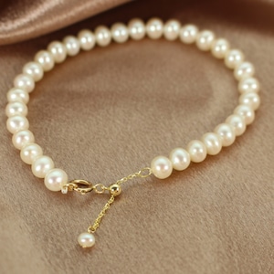 14K Solid Yellow Gold Pearl Adjustable Bracelet, Gift for Her, Unique Bracelet,June Birthstone Bracelet  6.5&quot; -7.5&quot;-Anniversary Gift for her