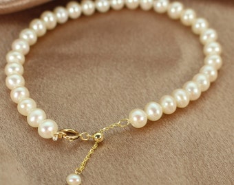 14K Solid Yellow Gold Pearl Adjustable Bracelet, Gift for Her, Unique Bracelet,June Birthstone Bracelet  6.5" -7.5"-Anniversary Gift for her