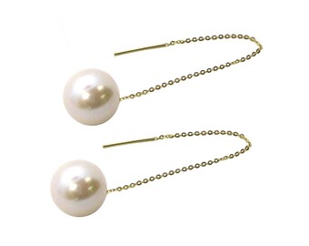 Freshwater Pearl Earrings, 18K Yellow Gold Threader Earrings - Bridal Earrings, Gifts for Her, Unique Pearl Earrings, Gold Pearl Earrings
