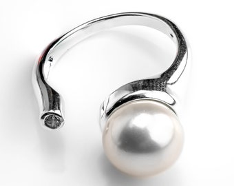Sterling Silver Big Freshwater Pearl Open Ring, Sterling silver pearl ring, Dainty pearl ring, Modern ring, Freshwater pearl ring