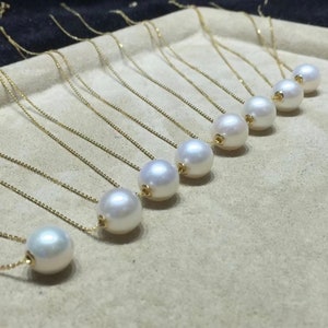 Floating Pearl Necklace-14K Yellow Gold 10-11mm Floating Pearl Necklace-Solid Gold Pearl Necklace-Gift for Her,Gift idea (adjutable 18”)