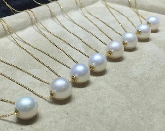Floating Pearl Necklace-14K Yellow Gold 10-11mm Floating Pearl Necklace-Solid Gold Pearl Necklace-Gift for Her,Gift idea (adjutable 18”)