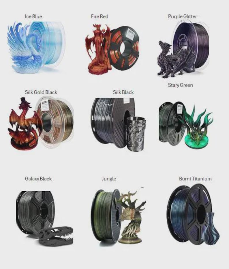 May include: A selection of 3D printing filament spools in colours such as Ice Blue, Fire Red, Purple Glitter, Silk Gold Black, Silk Black, Galaxy Black, Jungle, and Burnt Titanium. Each spool is displayed with a decorative figurine.