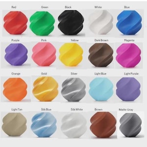 May include: A display of spiral-shaped objects in a range of colours. The colours include red, green, black, white, and blue. Other colours are purple, pink, yellow, dark brown, magenta, orange, gold, silver, light blue, light purple, light tan, silk blue, silk white, brown, and matte grey.