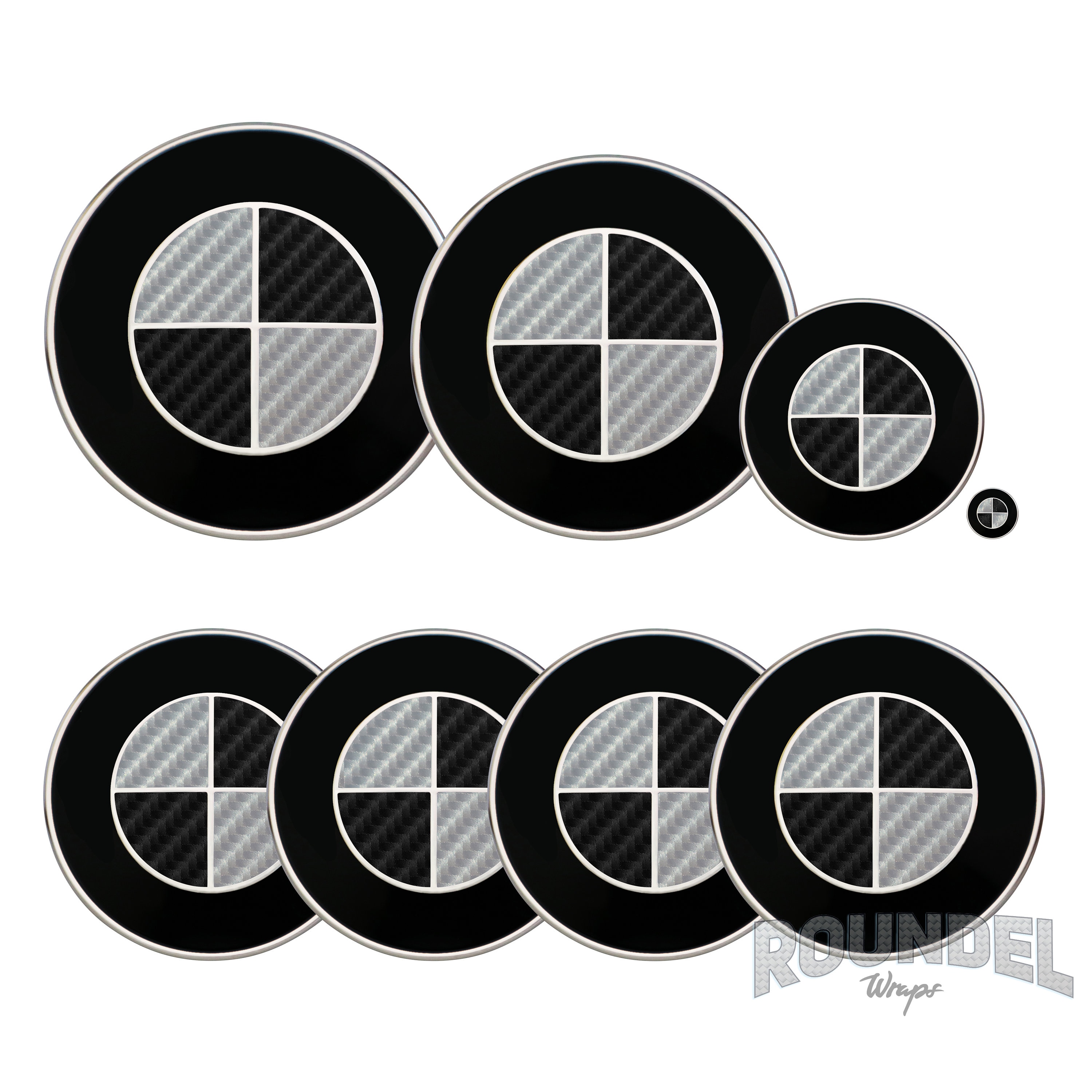 7pcs Black&White Carbon BMW Logo Emblems Set: Steering+Hubcaps+