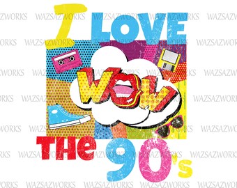 Könnte beinhalten: Ein farbenfrohes Grafikdesign mit dem Text "I Love You The 90's" im Comic-Stil. Das Design zeigt eine Sprechblase mit dem Wort "You" in gelben Buchstaben, einem roten Mund und einem blau-weißen Turnschuh. Es gibt auch Bilder von einem Kassettenrekorder, einer Diskette und einer Sonnenbrille.