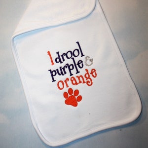 baby shower gifts, boy burp cloths, baby burp cloths, Orange and Purple, embroidered, gifts, baby gifts