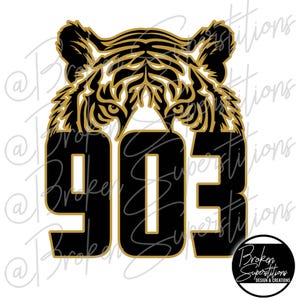 May include: Black and gold graphic design featuring a tiger's face with the number 903.