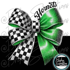 Green and Checkered Bow Hornets | DIGITAL DOWNLOAND PNG File, School, Spirit, Pride, Sports