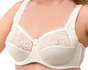 Underwire Full Coverage Bra Comfort Wide Straps Support Panels Soft Microfiber Plus Size 34-36-38-40-42 / B-C-D-E-F-G (Ivory)