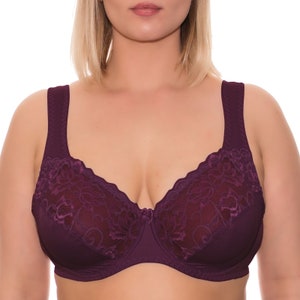 Full Coverage Underwire Bra Comfort Wide Straps Support Panels Plus Size 34-36-38-40-42-44-46-48/C-D-E-F-G-H-I-J ( Plum )