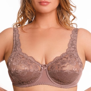 Plus Size Underwire Bra Full Coverage Wide Straps Support Panels Lace Overlay 34-36-38-40-42-44 / B-C-D-E-F-G-H (Cocoa)