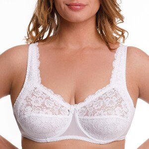 Plus Size Underwire Bra Full Coverage Wide Straps Support Panels Lace Overlay 34-36-38-40-42-44 / B-C-D-E-F-G-H (White)