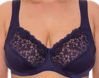 Full Coverage Underwire Bra Comfort Wide Straps Support Panels Plus Size 34-36-38-40-42-44-46-48/C-D-E-F-G-H-I-J ( Navy )