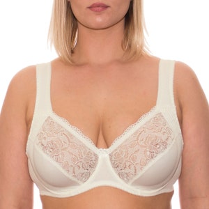 Full Coverage Underwire Bra Comfort Wide Straps Support Panels Plus Size 34-36-38-40-42-44-46-48/C-D-E-F-G-H-I-J ( Ivory)