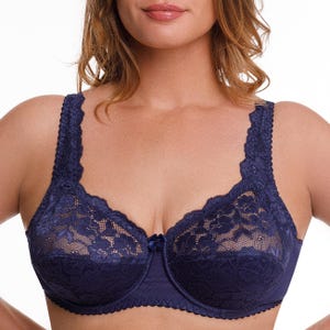 Plus Size Underwire Bra Full Coverage Wide Straps Support Panels Lace Overlay 34-36-38-40-42-44 / B-C-D-E-F-G-H (Navy)