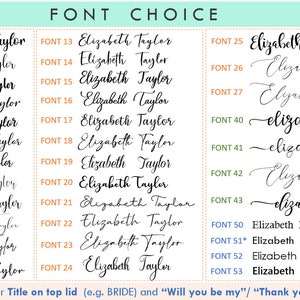 May include: A chart displaying various font styles for the name "Elizabeth Taylor". The fonts are numbered 1 to 53. The chart is set against a light blue background with a white border.
