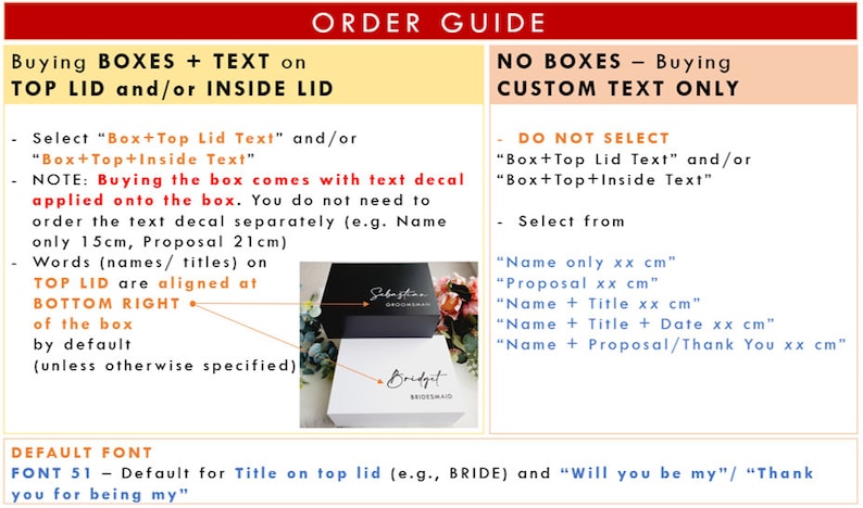 May include: Order guide for boxes with text on the top or inside lid.  The guide explains that the box comes with a text decal applied to the box.  The text can be customised with names, titles, or proposals.  The text is aligned at the bottom right of the box by default.  The guide also includes options for custom text only, without boxes.  The text options include "Name only", "Proposal", "Name + Title", "Name + Title + Date", and "Name + Proposal/Thank You".  The default font for the title is Font 51.
