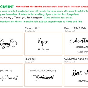 K&ouml;nnte beinhalten: Eine Anleitung zur Textplatzierung auf Geschenkboxen. Das Bild zeigt Beispiele f&uuml;r verschiedene Textplatzierungen f&uuml;r Namen, Titel und Daten. Der Text umfasst "Abigail", "Ryan", "Best Man", "Will you be my Maid of Honour?", "Thank you for being my Bridesmaid", und "Beatrice Bridesmaid 20 Feb 2020".