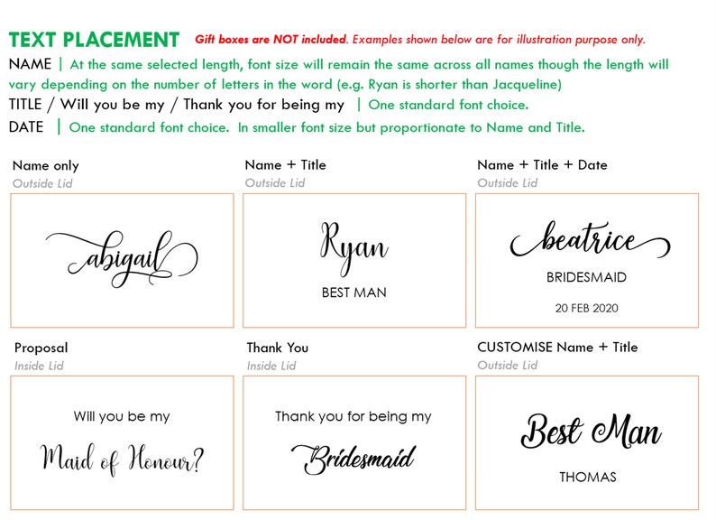 K&ouml;nnte beinhalten: Eine Anleitung zur Textplatzierung auf Geschenkboxen. Das Bild zeigt Beispiele f&uuml;r verschiedene Textplatzierungen f&uuml;r Namen, Titel und Daten. Der Text umfasst "Abigail", "Ryan", "Best Man", "Will you be my Maid of Honour?", "Thank you for being my Bridesmaid", und "Beatrice Bridesmaid 20 Feb 2020".