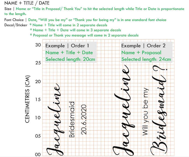 K&ouml;nnte beinhalten: Ein schwarz-wei&szlig;es Grafikdesign des Wortes "Jacqueline" mit dem Text "Bridesmaid" und "20.6.2020" darunter. Das Design befindet sich auf einem Rasterhintergrund mit Ma&szlig;en in Zentimetern. Der Text "Name + Title + Date" und "Selected length: 20cm" befindet sich &uuml;ber dem Design. Der Text "Example | Order 1" befindet sich &uuml;ber dem Text "Name + Title + Date".