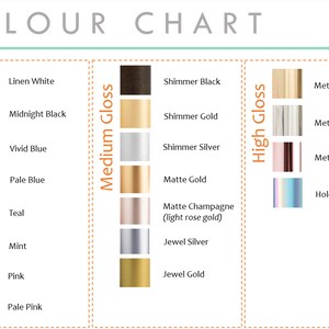 K&ouml;nnte beinhalten: Farbkarte mit verschiedenen Glanzgraden f&uuml;r verschiedene Farben.  Geringer Glanz umfasst Farben wie Leinenwei&szlig;, Mitternachtsblau, leuchtendes Blau, hellblau, Teal, Mint, Pink und hellrosa. Mittlerer Glanz umfasst schimmerndes Schwarz, schimmerndes Gold, schimmerndes Silber, mattes Gold, mattes Champagner (hellros&eacute; Gold), Juwelsilber und Juwelsgold. Hoher Glanz umfasst Metallic-Gold, Metallic-Silber, Metallic-Ros&eacute;gold und Holographie.