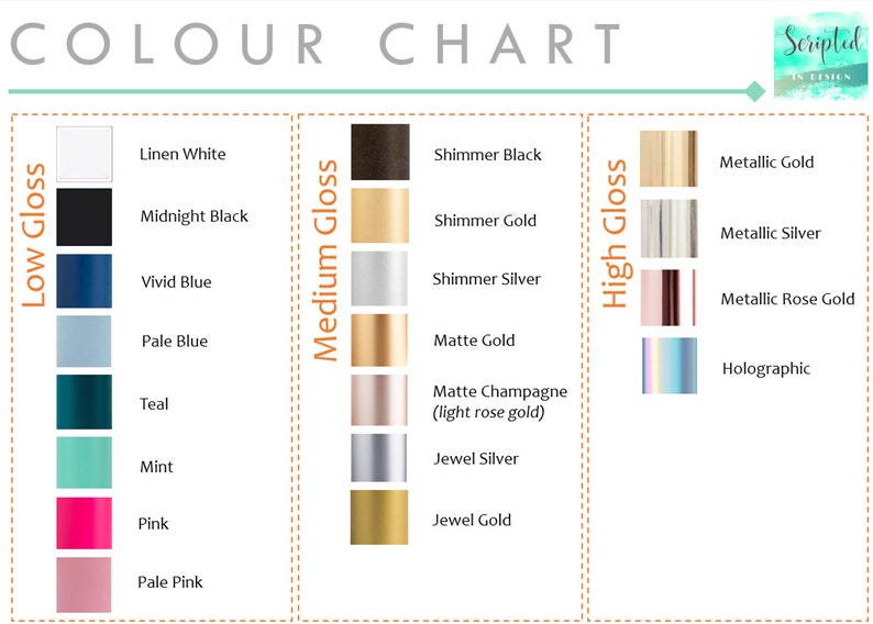 K&ouml;nnte beinhalten: Farbkarte mit verschiedenen Glanzgraden f&uuml;r verschiedene Farben.  Geringer Glanz umfasst Farben wie Leinenwei&szlig;, Mitternachtsblau, leuchtendes Blau, hellblau, Teal, Mint, Pink und hellrosa. Mittlerer Glanz umfasst schimmerndes Schwarz, schimmerndes Gold, schimmerndes Silber, mattes Gold, mattes Champagner (hellros&eacute; Gold), Juwelsilber und Juwelsgold. Hoher Glanz umfasst Metallic-Gold, Metallic-Silber, Metallic-Ros&eacute;gold und Holographie.