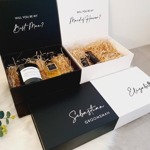 MAGNETISCHE grote gepersonaliseerde geschenkdoos bruidsmeisje voorstel, wit zwart stalknecht bruidsmeisje peetouders lege geschenkdoos, aangepaste bruidsfeestdoos