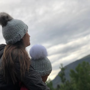 Gray Mommy and Me (Small Adult + Toddler) Merino Wool Winter Hats with Faux Fur and Fox Fur pompom set | Ajax Hats