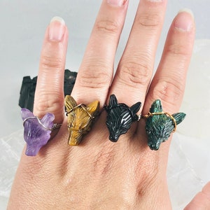Gemstone Wolf Ring, Genuine Stone Handmade Wire Wrapped Crystal Ring, Natural Stone Wolf Spirit Animal Ring