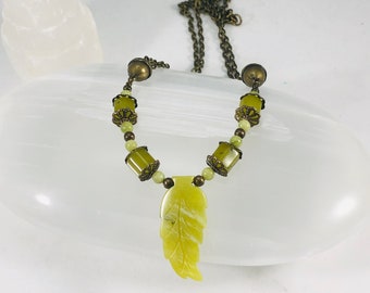 Jade Necklace, Leaf Pendant, Genuine Stone, Gemstone Jewelry