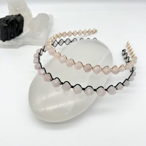 Rose Quartz Gemstone Headband, Genuine Pink Stone Beaded Hairband, Natural Stone Handmade Hair Accessory