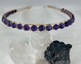 Amethyst Gemstone Headband, Genuine Stone Beaded, Natural Stone Handmade Hair Accessory