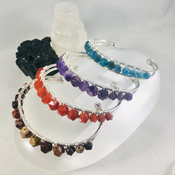 Gemstone Bracelet, Genuine Stone Cuff, Natural Stone Handmade Beaded Bangle